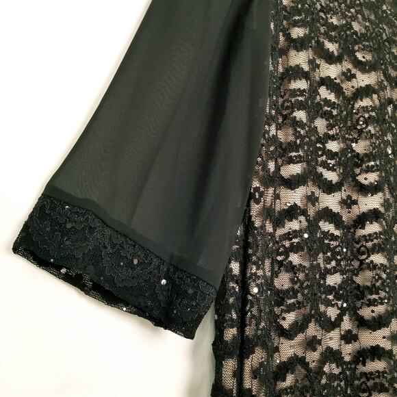 R&M Richards Black Stretch Lace Illusion Dress Sequins Sheer 3/4 Sleeves Size 14 - Picture 6 of 11
